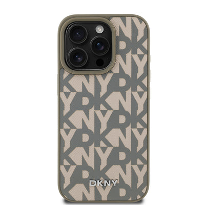 Apple iPhone 16 Pro Max Kılıf DKNY Orjinal Lisanslı M-safe Şarj Özellikli 3D Yazılı Grid Pattern Kapak Gri