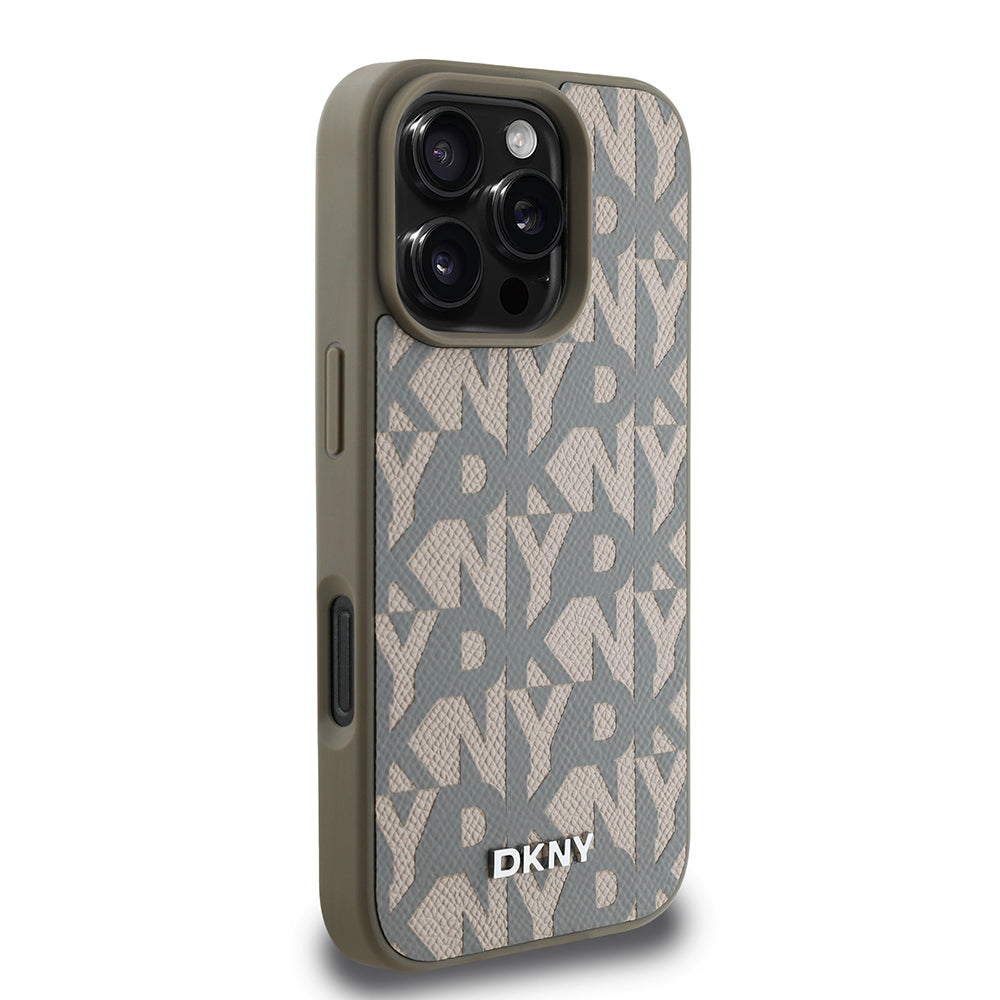 Apple iPhone 16 Pro Max Kılıf DKNY Orjinal Lisanslı M-safe Şarj Özellikli 3D Yazılı Grid Pattern Kapak Gri