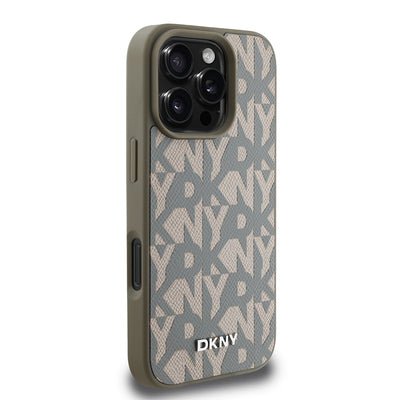Apple iPhone 16 Pro Max Kılıf DKNY Orjinal Lisanslı M-safe Şarj Özellikli 3D Yazılı Grid Pattern Kapak Gri