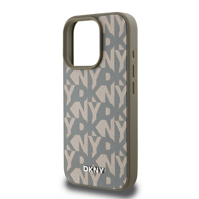 Apple iPhone 16 Pro Max Kılıf DKNY Orjinal Lisanslı M-safe Şarj Özellikli 3D Yazılı Grid Pattern Kapak Gri