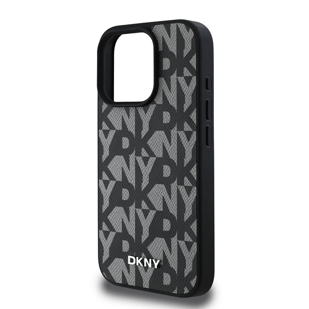 Apple iPhone 16 Pro Max Kılıf DKNY Orjinal Lisanslı M-safe Şarj Özellikli 3D Yazılı Grid Pattern Kapak Gri