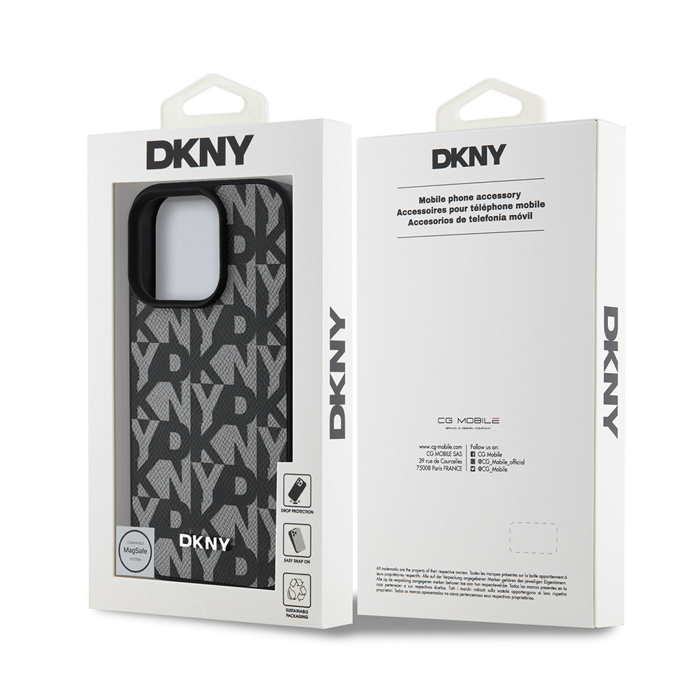 Apple iPhone 16 Pro Max Kılıf DKNY Orjinal Lisanslı M-safe Şarj Özellikli 3D Yazılı Grid Pattern Kapak Gri
