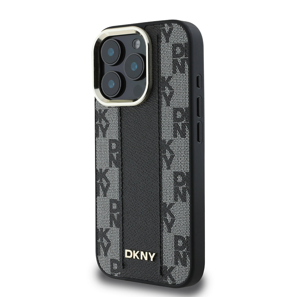 Apple iPhone 16 Pro Max Kılıf DKNY Orjinal Lisanslı Magsafe Şarj Özellikli 3D Yazılı Checkered Pattern Kapak Siyah