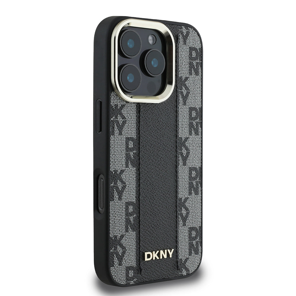Apple iPhone 16 Pro Max Kılıf DKNY Orjinal Lisanslı Magsafe Şarj Özellikli 3D Yazılı Checkered Pattern Kapak Siyah