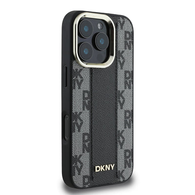 Apple iPhone 16 Pro Max Kılıf DKNY Orjinal Lisanslı Magsafe Şarj Özellikli 3D Yazılı Checkered Pattern Kapak Siyah