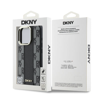 Apple iPhone 16 Pro Max Kılıf DKNY Orjinal Lisanslı Magsafe Şarj Özellikli 3D Yazılı Checkered Pattern Kapak Siyah