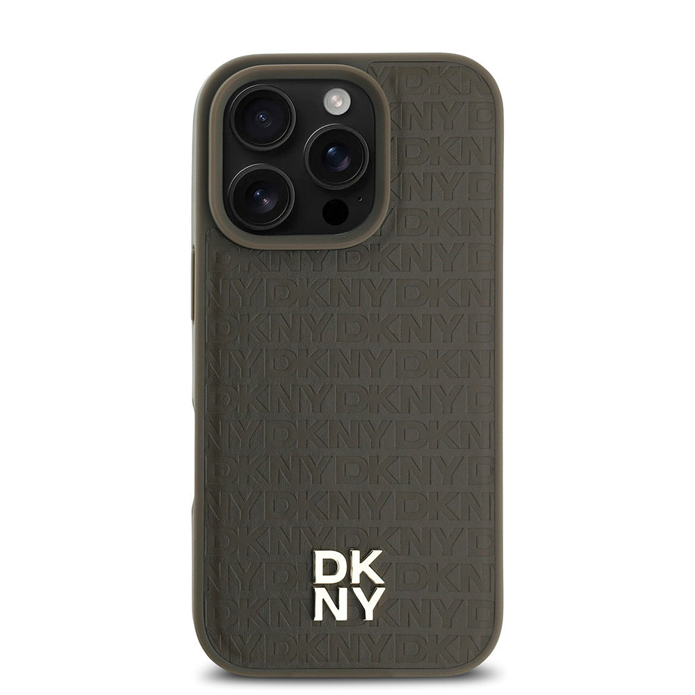 Apple iPhone 16 Pro Max Kılıf DKNY Orjinal Lisanslı Magsafe Şarj Özellikli 3D Yazılı Repeat Pattern Kapak Siyah