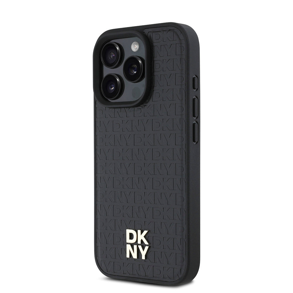 Apple iPhone 16 Pro Max Kılıf DKNY Orjinal Lisanslı Magsafe Şarj Özellikli 3D Yazılı Repeat Pattern Kapak Siyah
