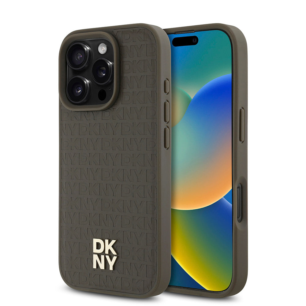 Apple iPhone 16 Pro Max Kılıf DKNY Orjinal Lisanslı Magsafe Şarj Özellikli 3D Yazılı Repeat Pattern Kapak Siyah