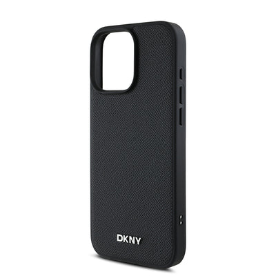 Apple iPhone 16 Pro Max Kılıf DKNY Orjinal Lisanslı Magsafe Şarj Özellikli Metal Logolu PU Deri Grained Kapak Siyah