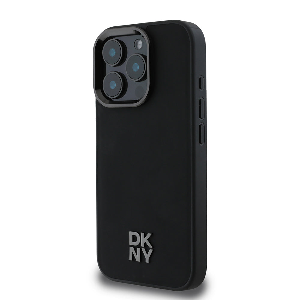 Apple iPhone 16 Pro Max Kılıf DKNY Orjinal Lisanslı Magsafe Şarj Özellikli Metal Logolu PU Deri Plain Kapak Siyah