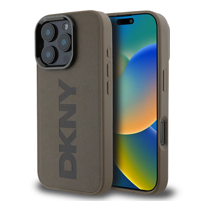 Apple iPhone 16 Pro Max Kılıf DKNY Orjinal Lisanslı Magsafe Şarj Özellikli PU Deri Plain Kapak Kahverengi