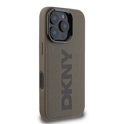 Apple iPhone 16 Pro Max Kılıf DKNY Orjinal Lisanslı Magsafe Şarj Özellikli PU Deri Plain Kapak Kahverengi