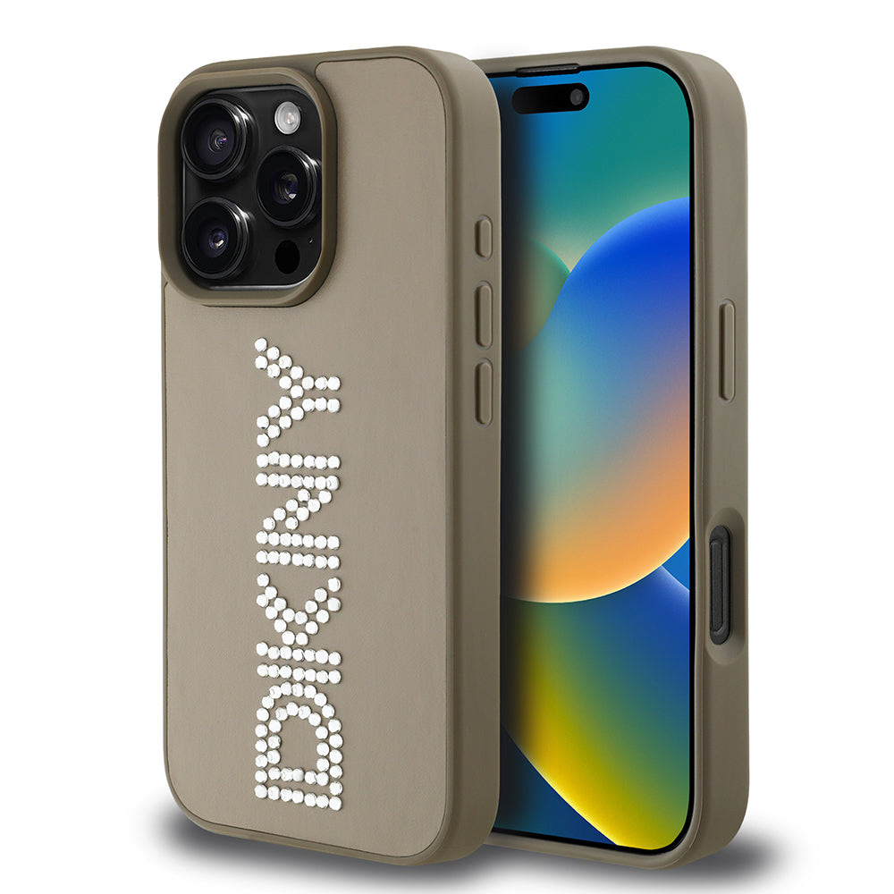 iPhone 16 Pro Max Kılıf DKNY Orjinal Lisanslı Taşlı DKNY Yazılı Metalik Rhinestones PU Deri Kılıf