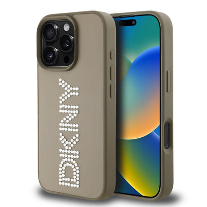 iPhone 16 Pro Max Kılıf DKNY Orjinal Lisanslı Taşlı DKNY Yazılı Metalik Rhinestones PU Deri Kılıf