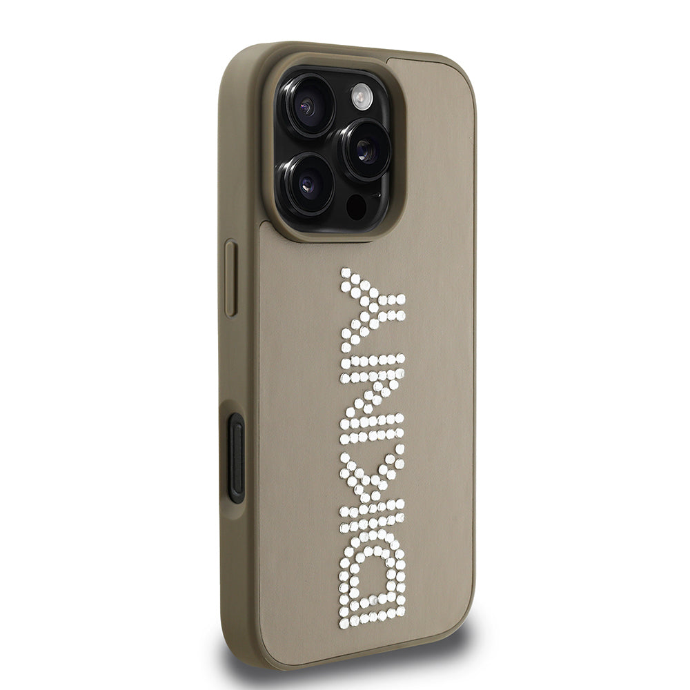 iPhone 16 Pro Max Kılıf DKNY Orjinal Lisanslı Taşlı DKNY Yazılı Metalik Rhinestones PU Deri Kılıf