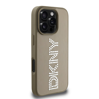iPhone 16 Pro Max Kılıf DKNY Orjinal Lisanslı Taşlı DKNY Yazılı Metalik Rhinestones PU Deri Kılıf