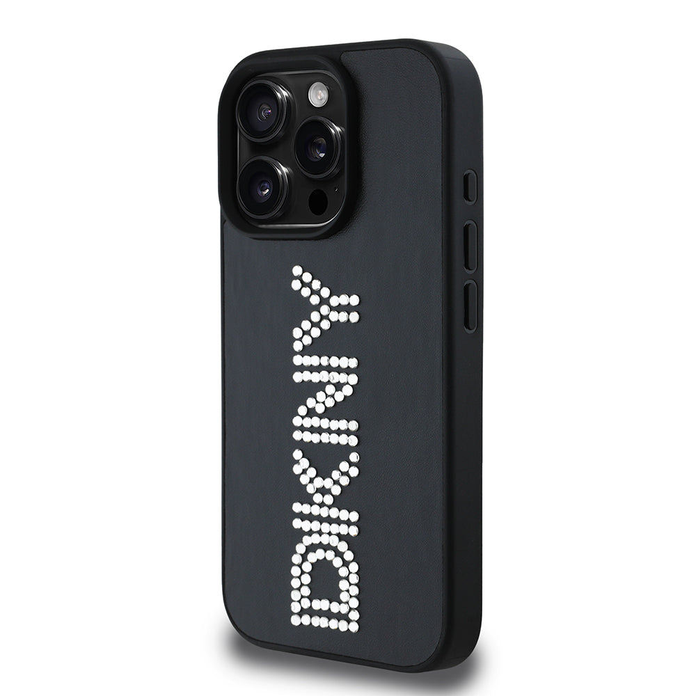 Apple iPhone 16 Pro Max Kılıf DKNY Orjinal Lisanslı Taşlı DKNY Yazılı Metalik Rhinestones PU Deri Kapak Siyah