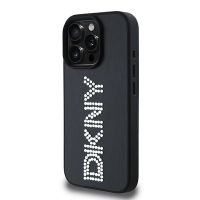 Apple iPhone 16 Pro Max Kılıf DKNY Orjinal Lisanslı Taşlı DKNY Yazılı Metalik Rhinestones PU Deri Kapak Siyah