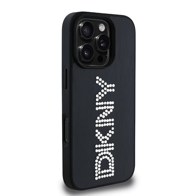 Apple iPhone 16 Pro Max Kılıf DKNY Orjinal Lisanslı Taşlı DKNY Yazılı Metalik Rhinestones PU Deri Kapak Siyah