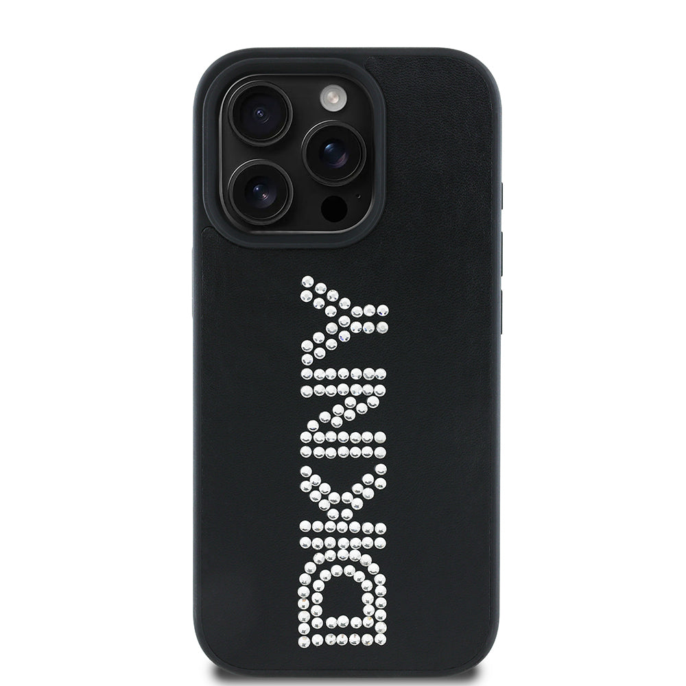 iPhone 16 Pro Max Kılıf DKNY Orjinal Lisanslı Taşlı DKNY Yazılı Metalik Rhinestones PU Deri Kılıf