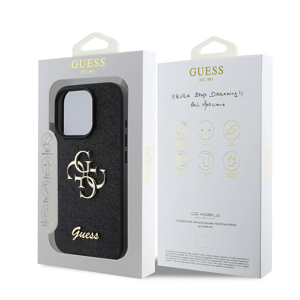 Apple iPhone 16 Pro Max Kılıf Guess Orjinal Lisanslı 4G Büyük Metal Logolu Glitter Kapak Gold