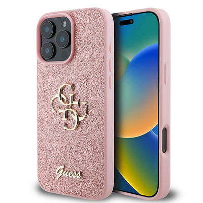 Apple iPhone 16 Pro Max Kılıf Guess Orjinal Lisanslı 4G Büyük Metal Logolu Glitter Kapak Gold