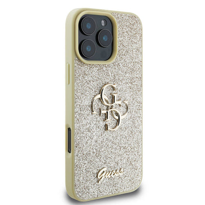 Apple iPhone 16 Pro Max Kılıf Guess Orjinal Lisanslı 4G Büyük Metal Logolu Glitter Kapak Gold