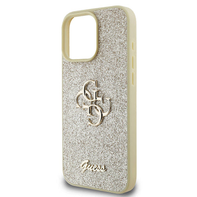 Apple iPhone 16 Pro Max Kılıf Guess Orjinal Lisanslı 4G Büyük Metal Logolu Glitter Kapak Gold