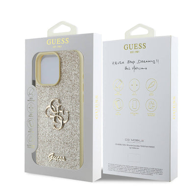 Apple iPhone 16 Pro Max Kılıf Guess Orjinal Lisanslı 4G Büyük Metal Logolu Glitter Kapak Gold
