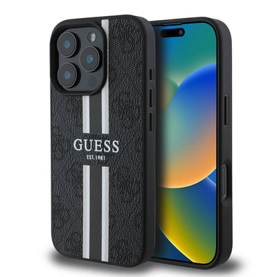 Apple iPhone 16 Pro Max Kılıf Guess Orjinal Lisanslı Magsafe Şarj Özellikli 4G Şerit Tasarımlı Printed Kapak Pembe