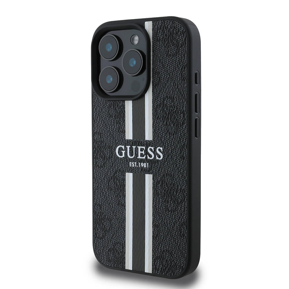 Apple iPhone 16 Pro Max Kılıf Guess Orjinal Lisanslı Magsafe Şarj Özellikli 4G Şerit Tasarımlı Printed Kapak Kahverengi