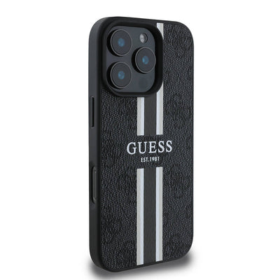 Apple iPhone 16 Pro Max Kılıf Guess Orjinal Lisanslı Magsafe Şarj Özellikli 4G Şerit Tasarımlı Printed Kapak Kahverengi
