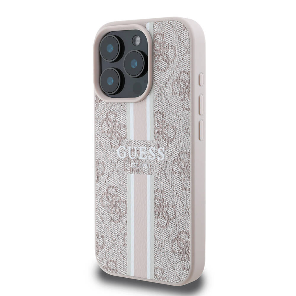 Apple iPhone 16 Pro Max Kılıf Guess Orjinal Lisanslı Magsafe Şarj Özellikli 4G Şerit Tasarımlı Printed Kapak Pembe