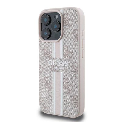 Apple iPhone 16 Pro Max Kılıf Guess Orjinal Lisanslı Magsafe Şarj Özellikli 4G Şerit Tasarımlı Printed Kapak Pembe