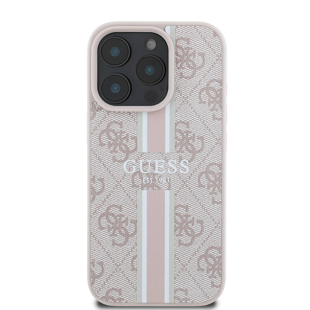 Apple iPhone 16 Pro Max Kılıf Guess Orjinal Lisanslı Magsafe Şarj Özellikli 4G Şerit Tasarımlı Printed Kapak Pembe