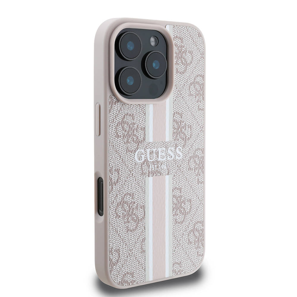 Apple iPhone 16 Pro Max Kılıf Guess Orjinal Lisanslı Magsafe Şarj Özellikli 4G Şerit Tasarımlı Printed Kapak Pembe