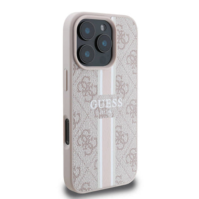 Apple iPhone 16 Pro Max Kılıf Guess Orjinal Lisanslı Magsafe Şarj Özellikli 4G Şerit Tasarımlı Printed Kapak Pembe