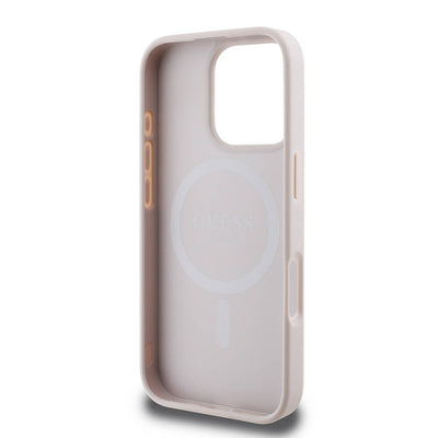Apple iPhone 16 Pro Max Kılıf Guess Orjinal Lisanslı Magsafe Şarj Özellikli 4G Şerit Tasarımlı Printed Kapak Pembe
