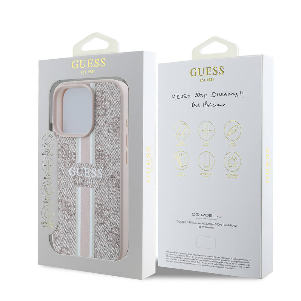 Apple iPhone 16 Pro Max Kılıf Guess Orjinal Lisanslı Magsafe Şarj Özellikli 4G Şerit Tasarımlı Printed Kapak Pembe