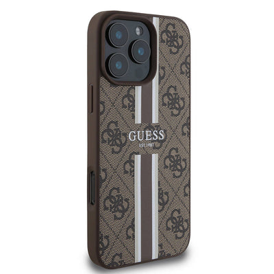 Apple iPhone 16 Pro Max Kılıf Guess Orjinal Lisanslı Magsafe Şarj Özellikli 4G Şerit Tasarımlı Printed Kapak Kahverengi