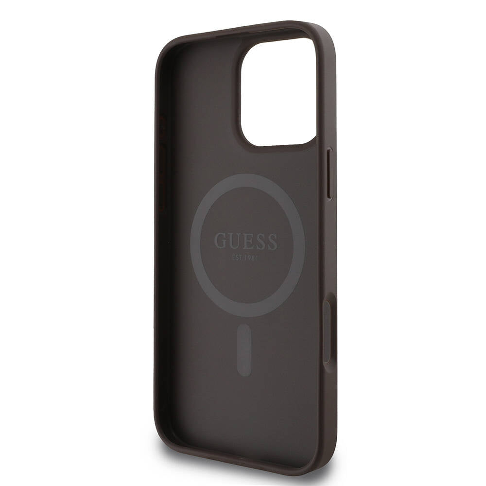 Apple iPhone 16 Pro Max Kılıf Guess Orjinal Lisanslı Magsafe Şarj Özellikli 4G Şerit Tasarımlı Printed Kapak Kahverengi