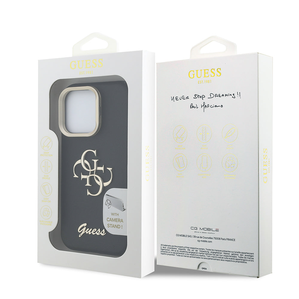Apple iPhone 16 Pro Max Kılıf Guess Orjinal Lisanslı Grained Yazı Logolu Kamera Standlı Kapak Siyah
