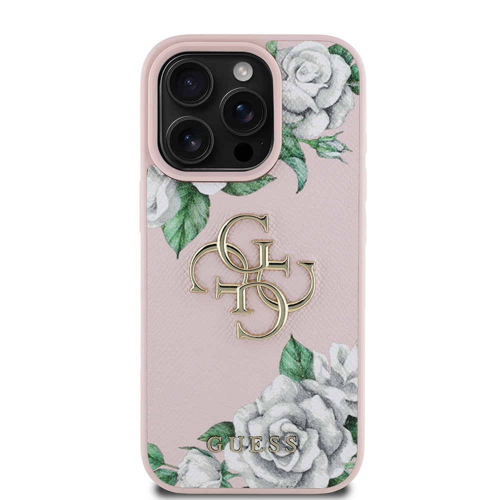 Apple iPhone 16 Pro Max Kılıf Guess Orjinal Lisanslı Gül Baskılı Büyük Metal Logo Dizaynlı Kapak Pembe
