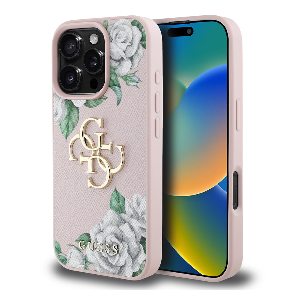 Apple iPhone 16 Pro Max Kılıf Guess Orjinal Lisanslı Gül Baskılı Büyük Metal Logo Dizaynlı Kapak Pembe