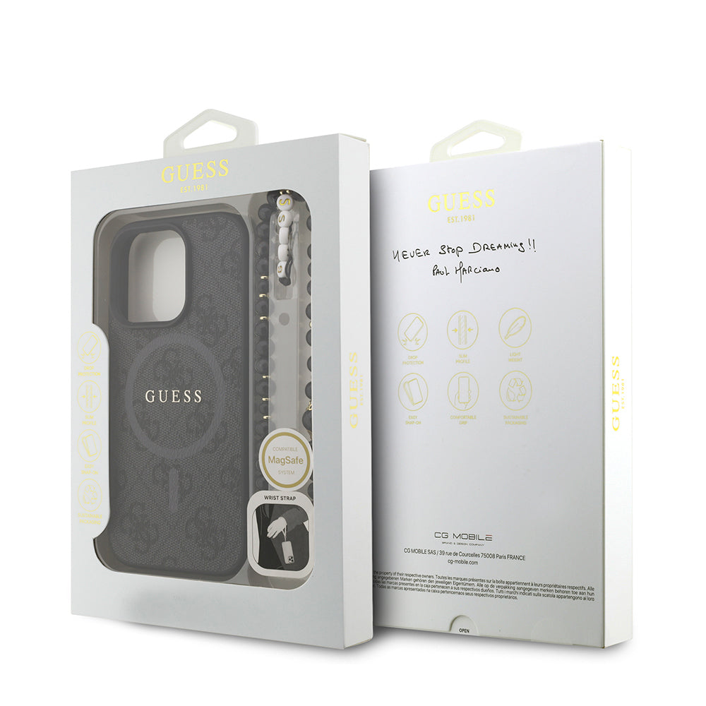 iPhone 16 Pro Max Kılıf Guess Orjinal Lisanslı M-safe Şarj Özellikli PU Deri Bilek Askı İpli Yazı Logolu Kılıf