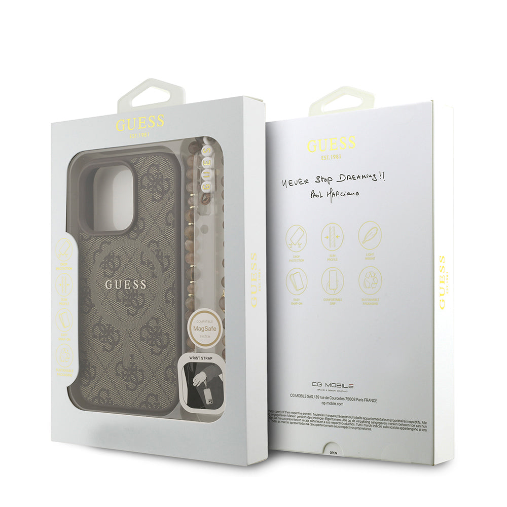 iPhone 16 Pro Max Kılıf Guess Orjinal Lisanslı M-safe Şarj Özellikli PU Deri Bilek Askı İpli Yazı Logolu Kılıf