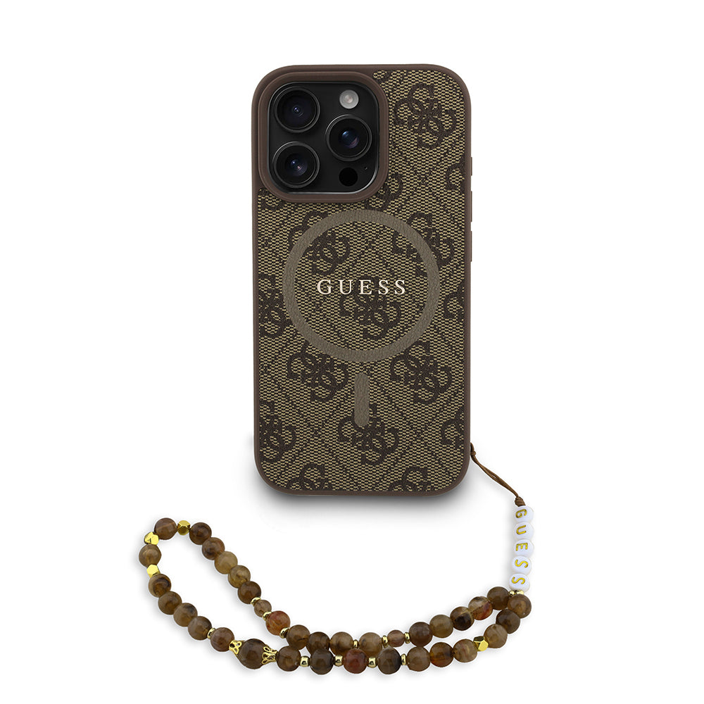 iPhone 16 Pro Max Kılıf Guess Orjinal Lisanslı M-safe Şarj Özellikli PU Deri Bilek Askı İpli Yazı Logolu Kılıf