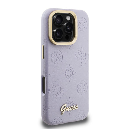 iPhone 16 Pro Max Kılıf Guess Orjinal Lisanslı M-safe Şarj Özellikli Sıcak Baskılı Yazı Logolu Kamera Standlı PU Deri Peony Kılıf