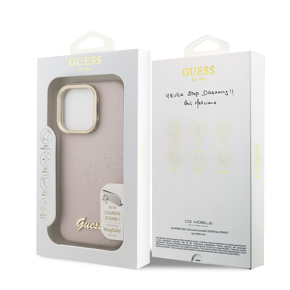 iPhone 16 Pro Max Kılıf Guess Orjinal Lisanslı M-safe Şarj Özellikli Sıcak Baskılı Yazı Logolu Kamera Standlı PU Deri Peony Kılıf